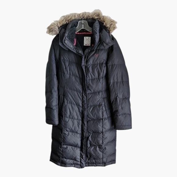 Crew Clothing Co. Women Black Down Puffer Coat Size L Detachable Faux Fur Hood - Picture 2 of 13